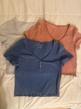 American Eagle Outfitters Blue, light gray, multi,Ribbed Short Sleeve Henley Top